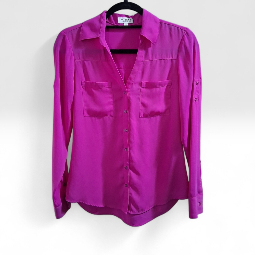 Express Portofino Dark Pink Button Up Blouse Womens Size XS Petite - Picture 2 of 8